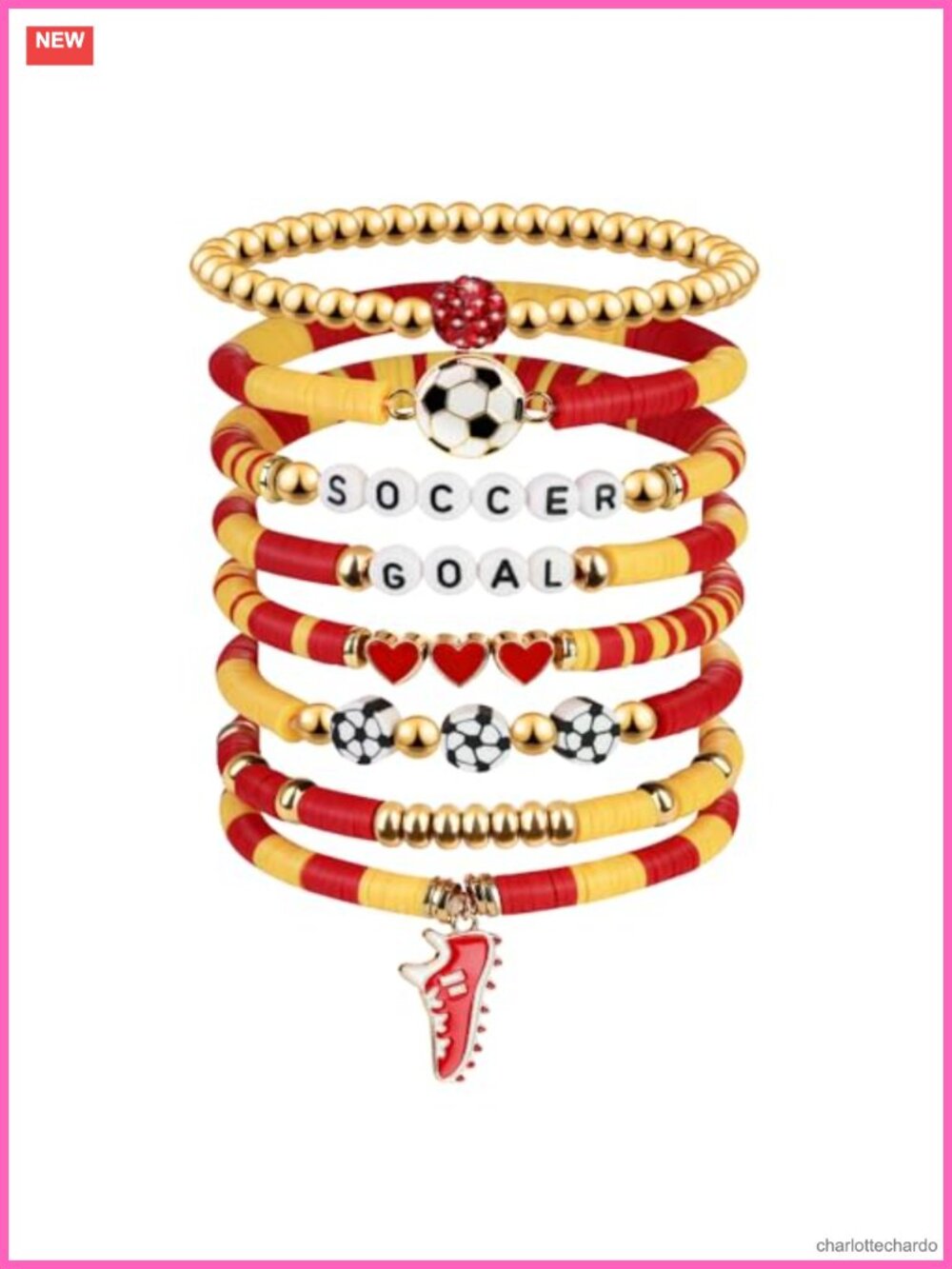 8Pc Soccer Clay Beaded Bracelet Set Stackable Goal Charm Stretch Jewelry